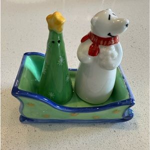 Russ Barrie Polar Bear and Christmas tree salt and pepper shakers